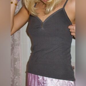 American Eagle Medium Grey Ribbed Tank Top with Buttons